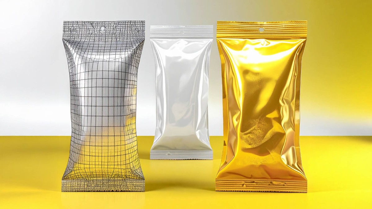 Render fotorealistico di tre packaging alimentari. I packaging sono sospesi o disposti su sfondo minimalista