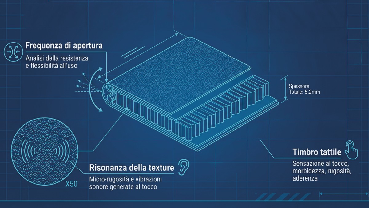 Un'infografica tecnica su sfondo blu "blueprint" che esplora la sezione trasversale di un packaging multistrato. L'immagine è ricca di annotazioni professionali che spiegano i diversi driver sensoriali.