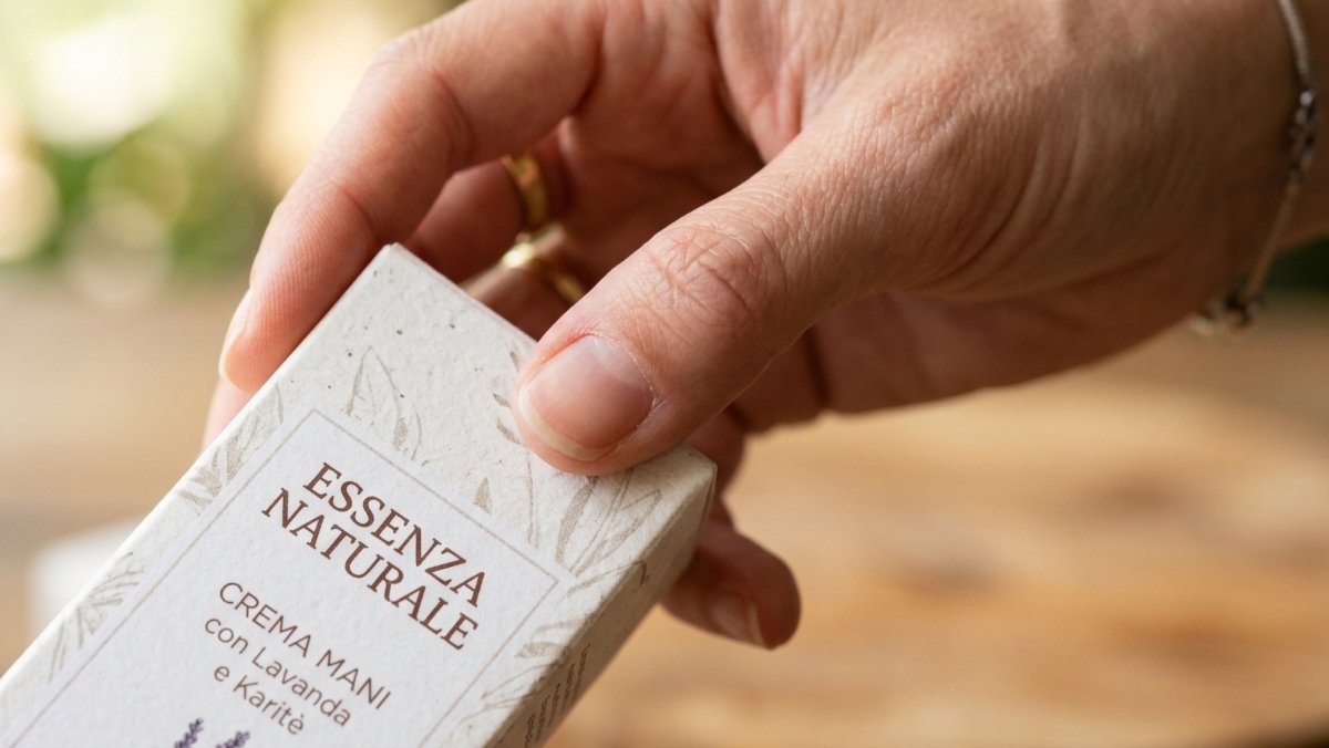 Dettaglio macro di una mano che tocca un packaging per il benessere di Mtec Snack Agency.